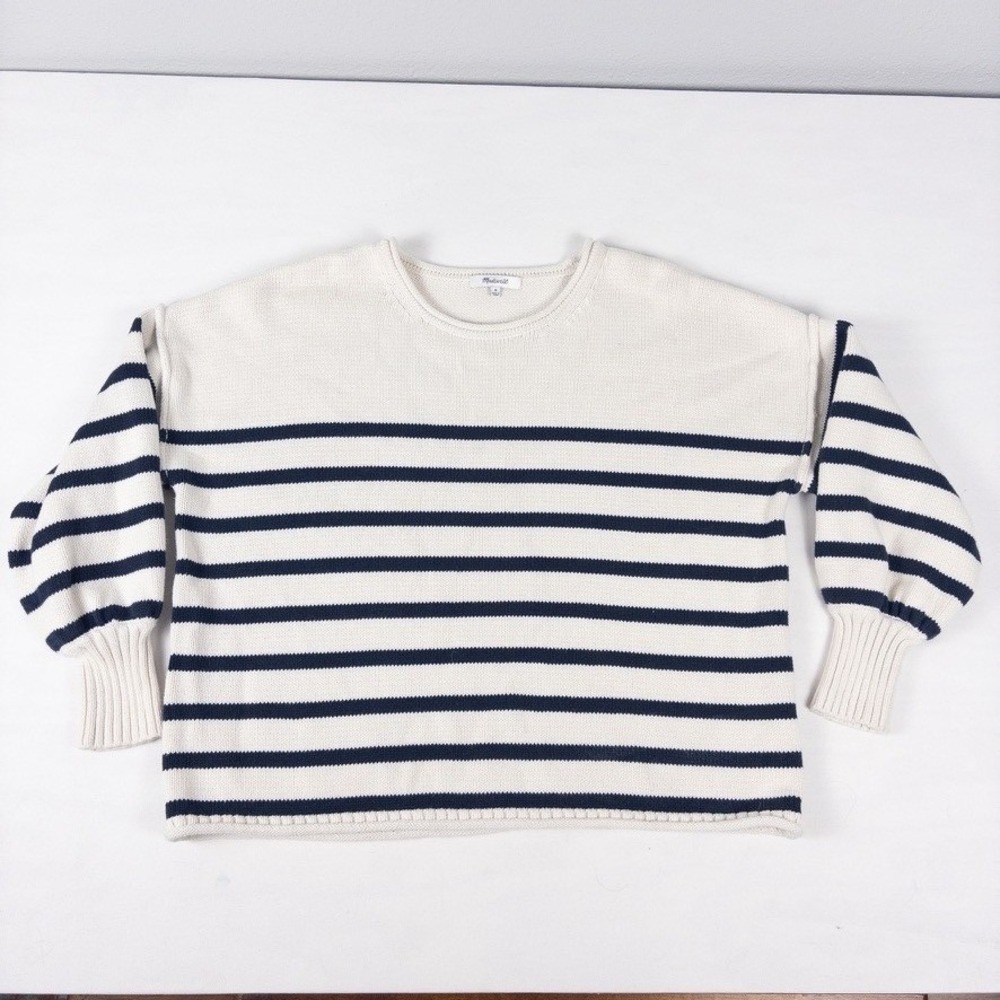 Madewell Conway Sweater Women M Blue Striped Rolled Neck Balloon Sleeve Nautical